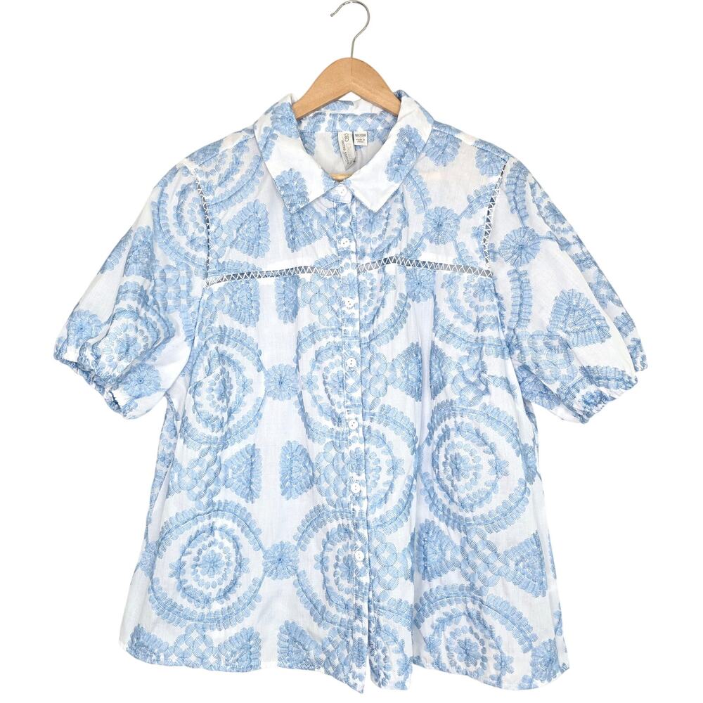Cato Limited Edition 18 20W Blue Embroidered Eyelet Floral Puff Sleeve Blouse